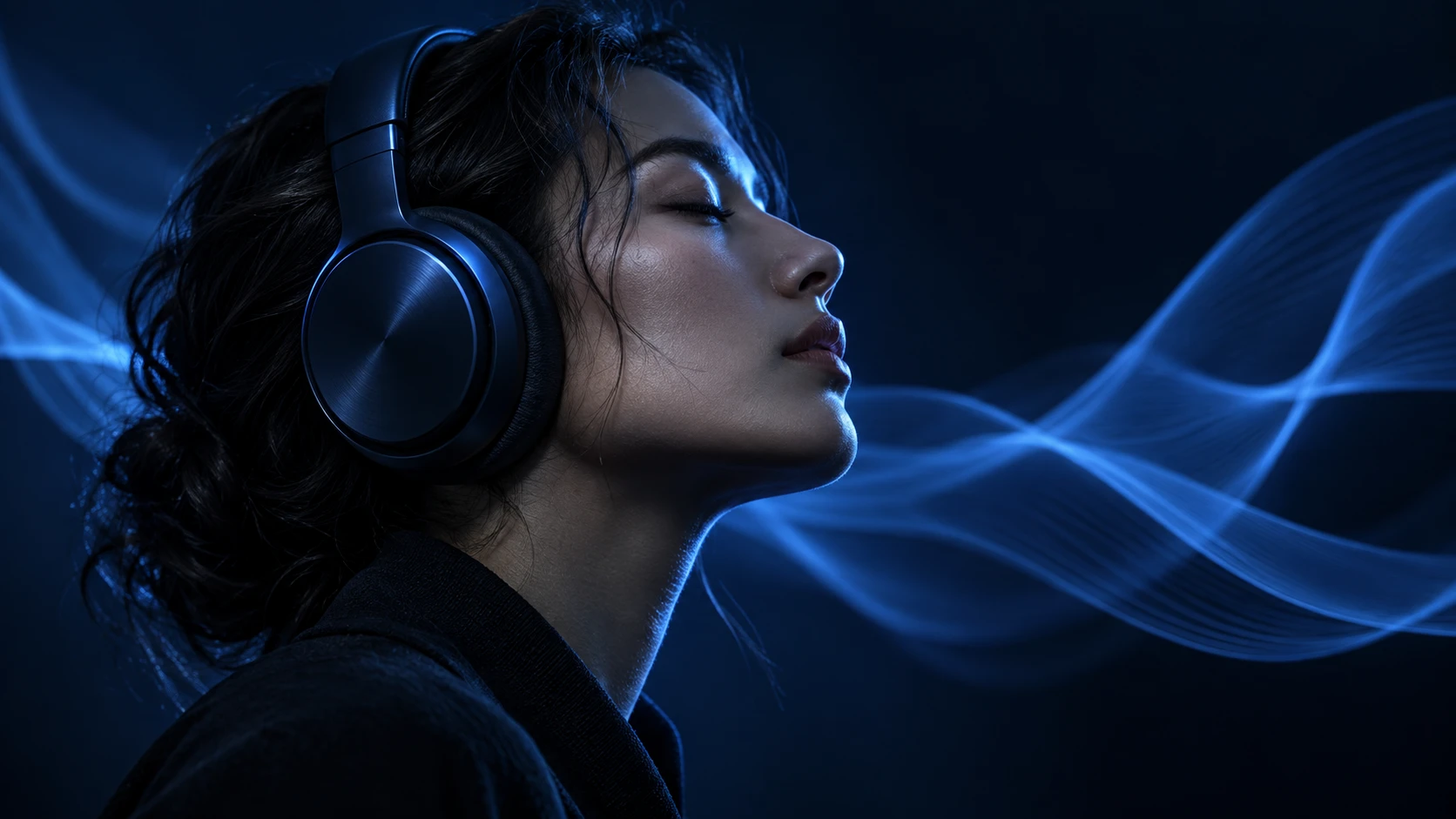 Portrait with blue-lit headphones