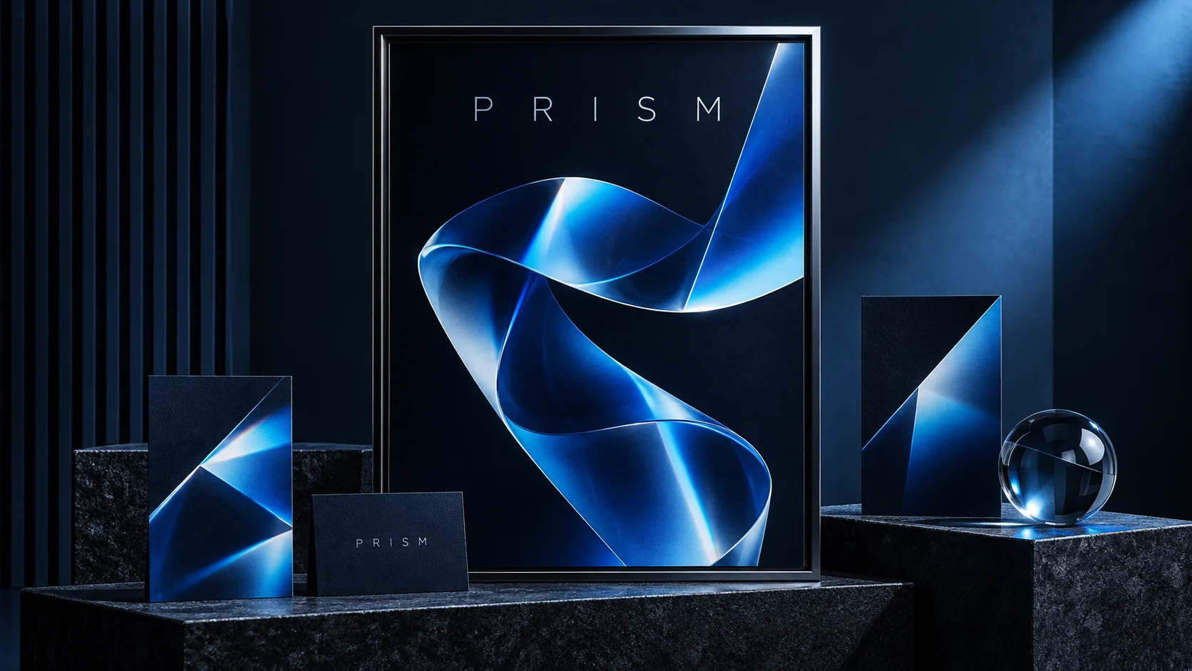Prism visual identity with blue posters and printed cards